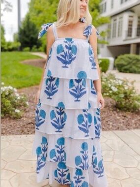 Worn Once! Victoria Dunn White Tiered Maxi Dress with Blue Floral Print